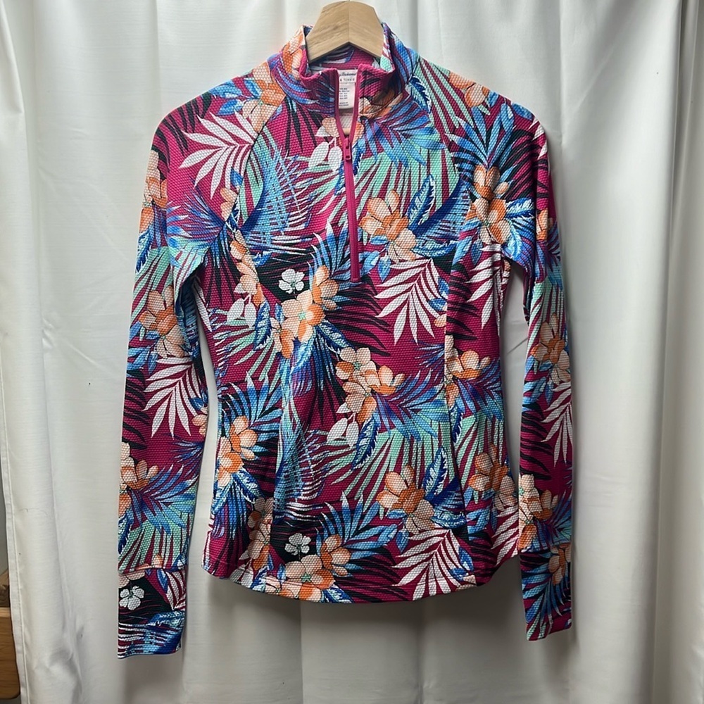 Tommy Bahama Golf Tennis Blue Pink Tropical Floral Print Quarter‎ Zip- XS
